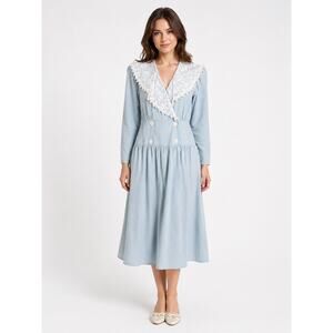 1980s Variations Blue Prairie Dress Lace Collar Cottagecore wrap front Small